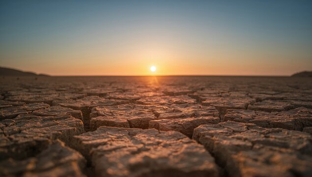 Cracked Earth at Sunset. A Dry Lakebed Landscape, A Reminder of Environmental Changes.