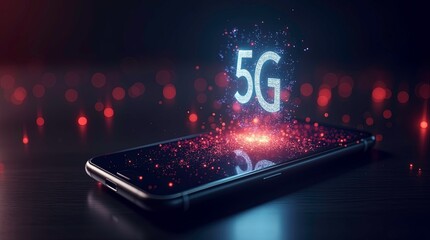 modern smartphone with a glowing 5G signal icon floating above it emitting digital rays