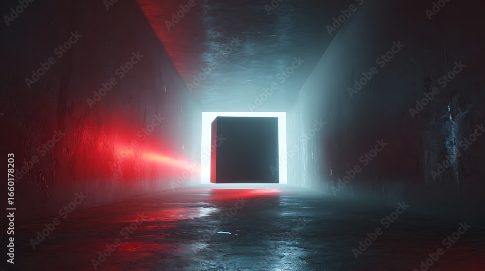 Aufkleber a glowing cube of light stands at the end of a tunnel, creating a futuristic and abstract scene with