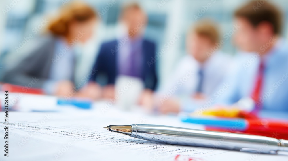 Poster sharp focus on a pen marking errors on printed supplier data sheets with an outoffocus office team c