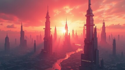 Neon Glow: Futuristic Cityscape Concept Art with Ethereal Luminescence, bathed in warm orange and pink sunset light tall skyscrapers