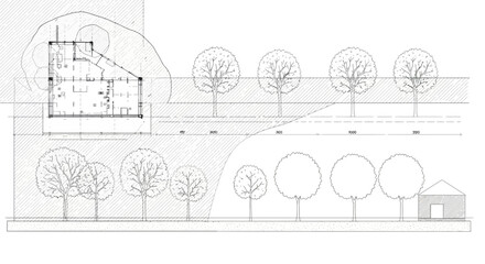 Obraz premium Architectural drawing showcasing a building plan surrounded by trees in a landscape