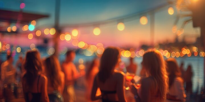 Friends Blurry. Night Beach Party with Beachside Cocktails and Music Entertainment - Powered by Adobe