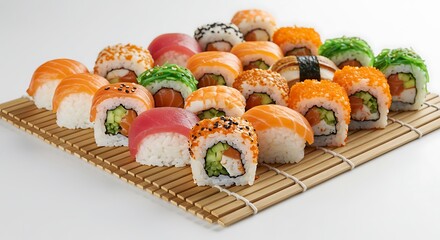 Fresh Sushi Rolls on Bamboo Mat