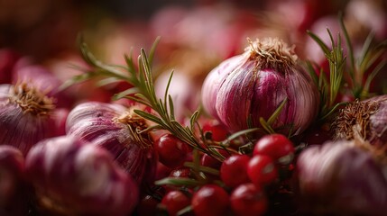 Fresh garlic bulbs surrounded by vibrant red berries and aromatic herbs in a rustic setting