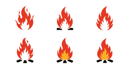 Collection of six different fire flames and campfires on white background