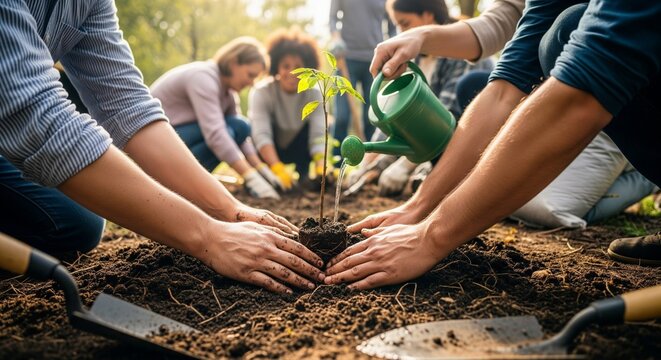 Tree planting activity, gardening hands, nurturing nature, environmental conservation, outdoor teamwork, sustainable practices, community involvement.