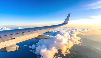 Obraz premium A high-altitude view of a jet aircraft wing soaring over fluffy clouds and a landscape of mountains, showcasing a vibrant blue sky and warm golden hues of the sunrise.