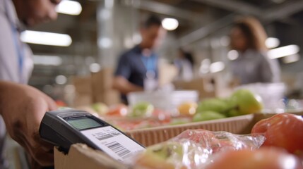Medium shot of a volunteer scanning surplus food barcodes with a handheld device foreground sharp and background featuring indistinct figures.