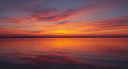 Fototapeta premium Fiery Horizon. A Breathtaking Sunset Over Tranquil Waters, Painting the Sky with Light.