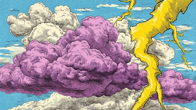 Purple Clouds and Yellow Lightning Comic Background