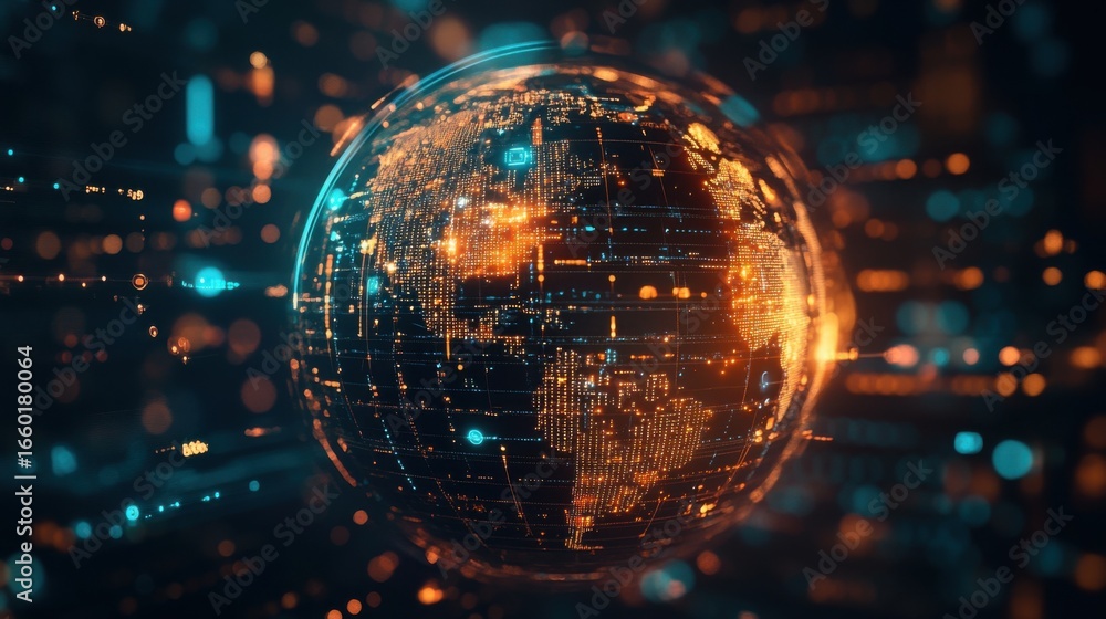 Poster global digital network data flows across the world.
