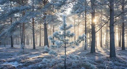Frost-Covered Pine Needles in Winter
