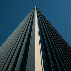 Obraz premium Modern skyscraper viewed from below against a clear blue sky