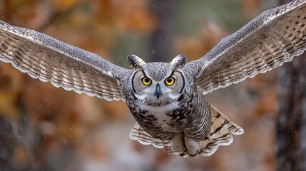 Great Horned Owl Wings. Majestic bird of prey in flight with intense yellow eyes in bokeh background