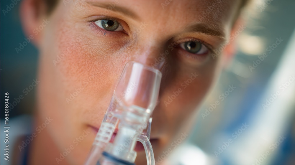 Poster closemedium view of h5n1 survivor practicing lung expansion techniques using incentive spirometer bl