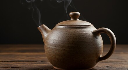 Steaming Ceramic Teapot on Wood Table
