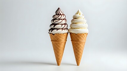 Two delicious soft-serve ice cream cones, one chocolate and one vanilla, stand side-by-side against a clean white background.  Perfect for food blogs, menus, or dessert-themed projects.