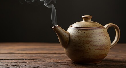 Steaming Ceramic Teapot on Wood Table