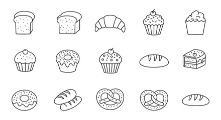 A variety of baked goods and desserts in simple line drawings