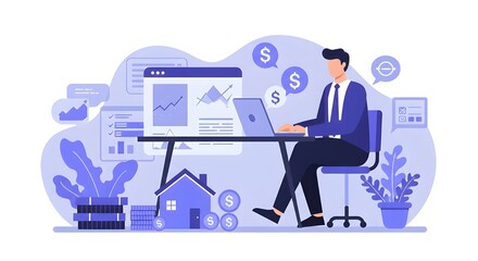 Focused Businessman Analyzing Real Estate Investment Opportunities On Laptop In Modern Office, Financial Planning, Property Market Analysis, And Investment Growth Strategy