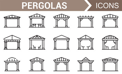 Set of pergola icons in multiple styles, perfect for outdoor structure and garden design.