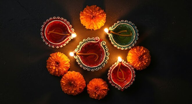 Festive diya arrangement illuminates celebration with warm golden light and vibrant colors