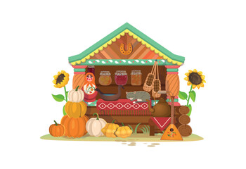 Old market stall, old russian style market. Russian Teremok. Russian fair with tents. Wooden counter