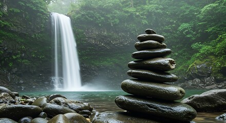 Smooth River Rocks by Misty Waterfall