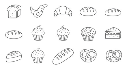 A variety of baked goods and bread in simple line drawings