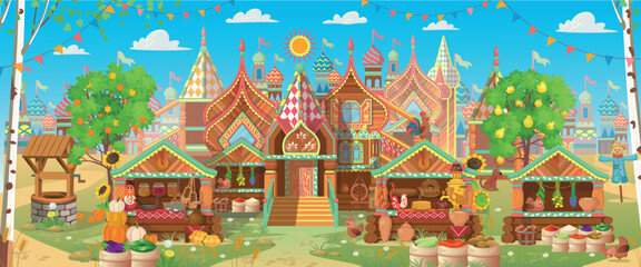 Old Russian city with wooden carved colored houses. Russian Teremok. Russian fair with tents. background for the game