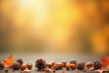 Fototapeta premium autumn still life with acorns, pinecones, and leaves on wooden surface against blurred golden background. seasonal nature concept. fall decor, greeting card, seasonal banner with copy space
