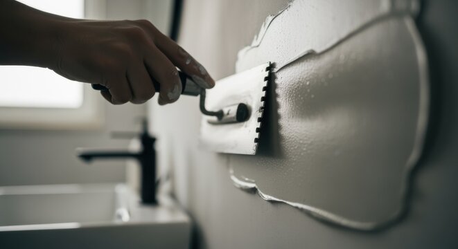 Slowmotion footage of a trowel gliding over damp microcement mixture highlighting texture and finish in a minimalist bathroom setting.