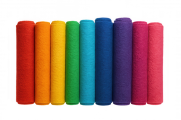Seven rolls of felt fabric arranged in rainbow colors are displayed on a transparent background, creating a vibrant spectrum
