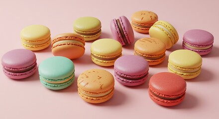 Colorful Macarons on Pastel Pink Surface