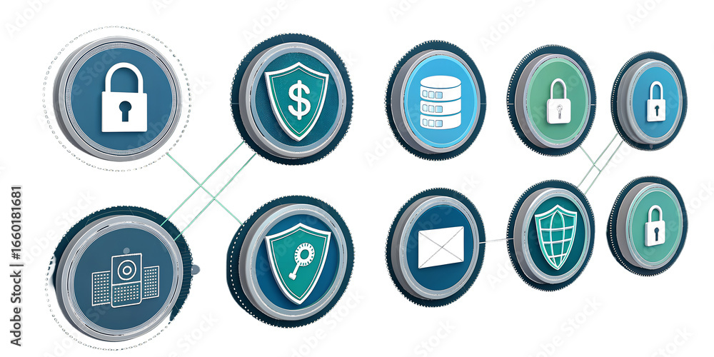 Poster cyber security system icons with locks shields database and email on black isolated on a transparent