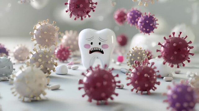 Tooth dental health hygiene concept. 3D rendered illustration of a tooth character with a distressed expression, surrounded by microscopic organisms and tablets.
