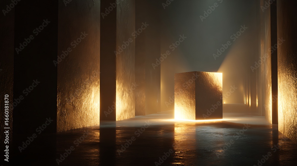 Poster abstract cube in a dark room with columns and reflections, creating a modern and geometric architect