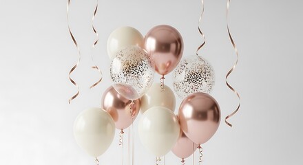 Celebration with champagne glasses and rose gold balloons with confetti on light backdrop