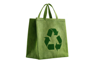 Eco-friendly reusable shopping bag made of green fabric with a recycling symbol