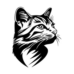 This detailed black vector representation captures the profile of a cat, highlighting its striking features and fur texture
