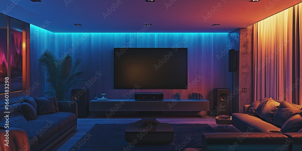 Poster a state-of-the-art home theater setup featuring a smart tv, sound system, and projector, all control