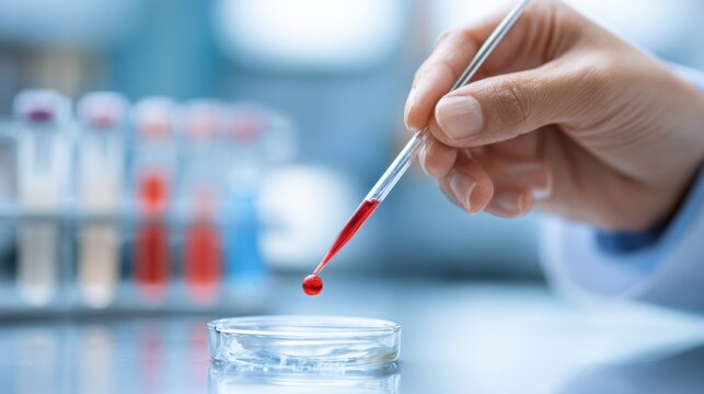 Healthcare worker preparing a fingerstick blood sample for a rapid factor IX level test in hemophilia B gene therapy monitoring with a blurred hospital setting.