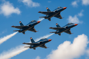 Four blue and red military fighter jets flying in a perfect diamond formation with white smoke trails against a blue sky with clouds