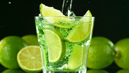 Fototapeta premium cocktail with lime in glass on green background