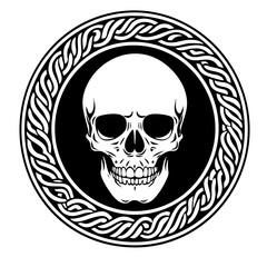 Intricate black vector design featuring a skull surrounded by a circular knot pattern, emphasizing details and sharp contrast in style