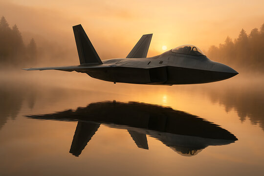 F-22 raptor fighter jet flying low over a serene lake with a stunning reflection during a misty golden sunrise