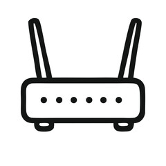 Simple black line drawing of a wireless router icon for home network equipment. Suitable for technology and internetrelated designs.