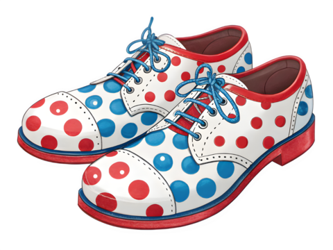 Whimsical polka dot clown shoes with red and blue circles