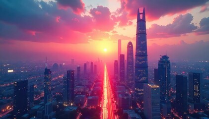 Fototapeta premium A futuristic cityscape at dawn, bathed in vibrant, optimistic light Sleek architecture stretches towards a radiant sky, symbolizing innovation and progress , ambitious, modern, futuristic